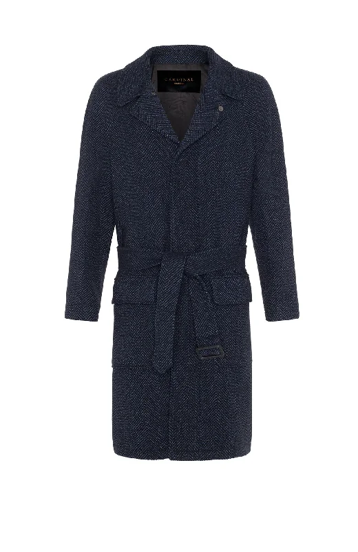 trendy belted jackets for women -TATUM NAVY HERRINGBONE TOPCOAT