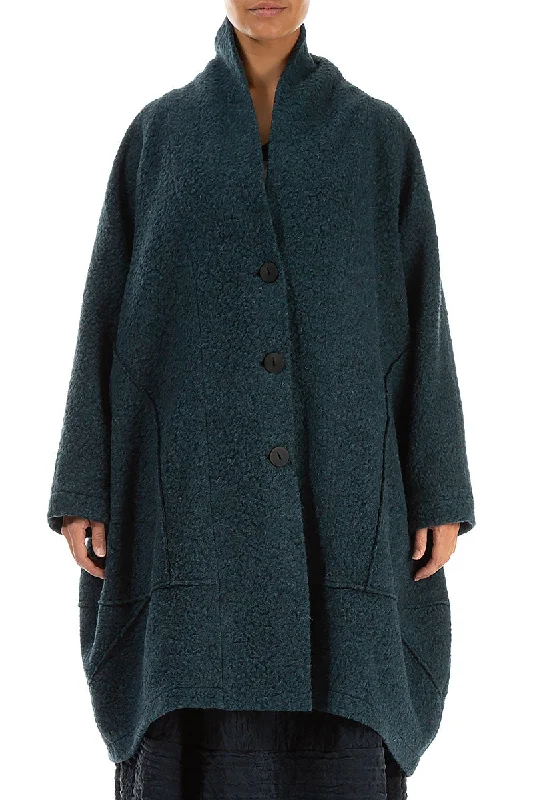 women's hooded down jackets -Balloon Teal Plush Wool Cotton Coat