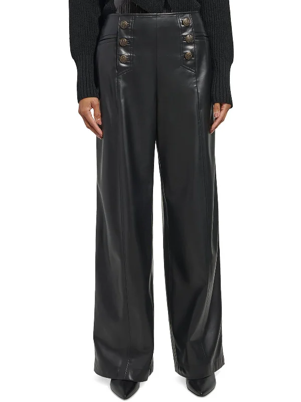 women's tweed skirts -Womens Faux Leather Wide Leg Pants