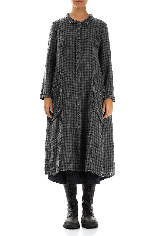 women's classic pea coats -Stylish Long Grey Check Linen Jacket