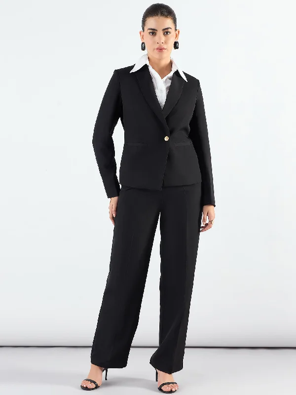 women's wrap skirts -Chic Black Asymmetric Blazer Styled With Fitted Trouser