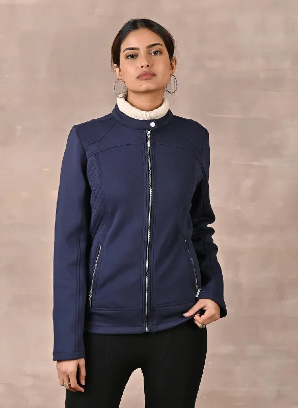 women's sleeveless coats -Navy Blue Quilted Jacket with Zipper Detail