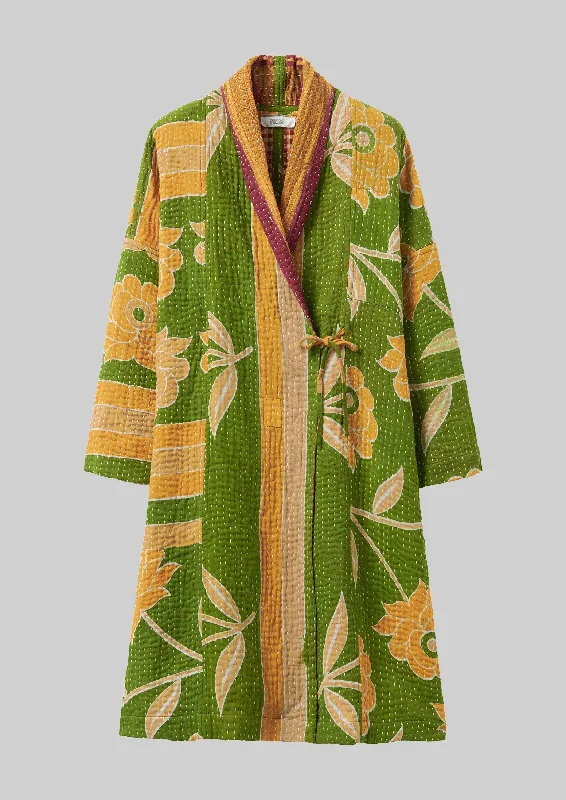 women's long padded coats -Repurposed Kantha Coat | Greens