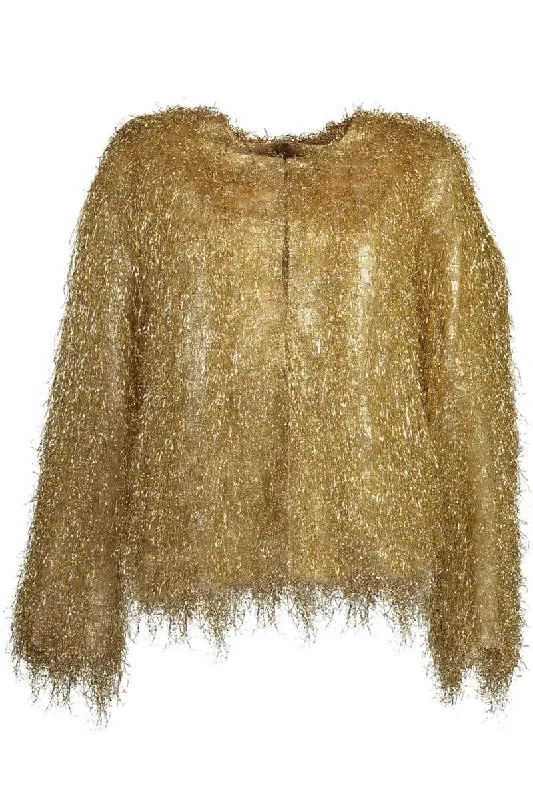 women's knitted coats -Lurex Fringe Crewneck Chubby Jacket