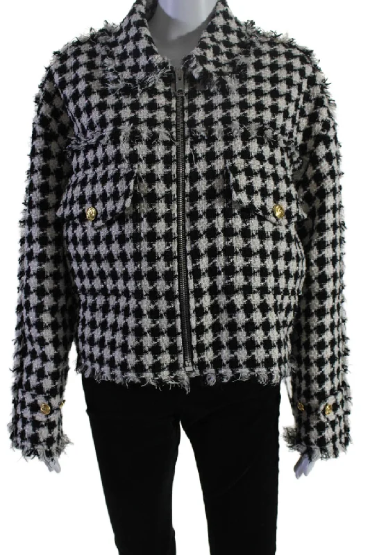 women's fringed coats -Gucci Womens Front Zip GG Pocket Fringe Plaid Knit Jacket Black White