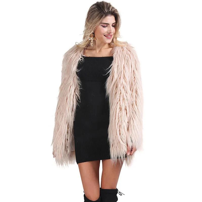 women's high-neck coats -Elegant Faux Fur Coat Fluffy Chic Winter Coat Jacket