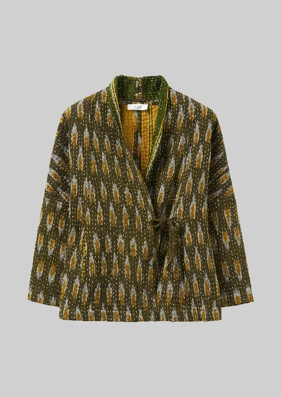 stylish long blazers for women -Repurposed Ikat Kantha Jacket | Greens