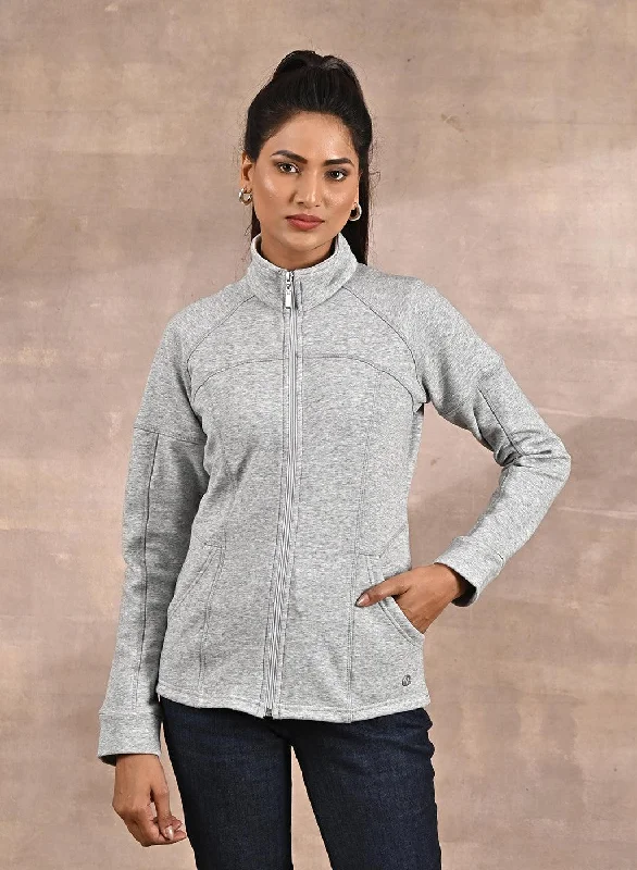 trendy jackets for women -Grey High-Neck Zip-Up Casual Fleece Jacket