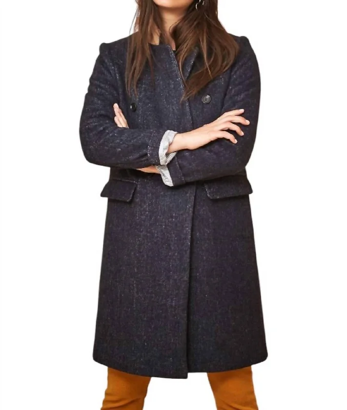 women's draped front jackets -Blair Double Breasted Twill Mid Length Pea Coat In Blue