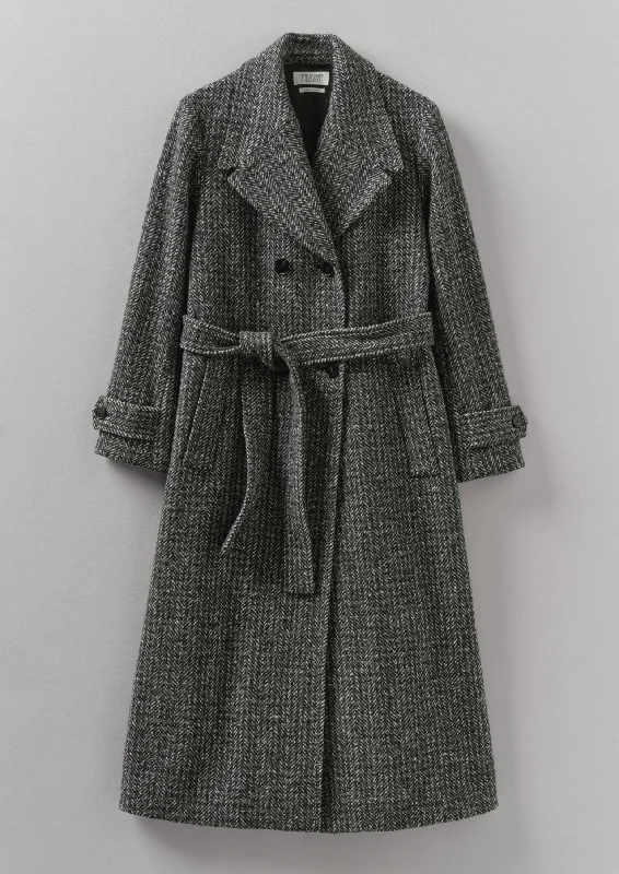 women's military coats -Wool Herringbone Belted Coat | Grey Melange