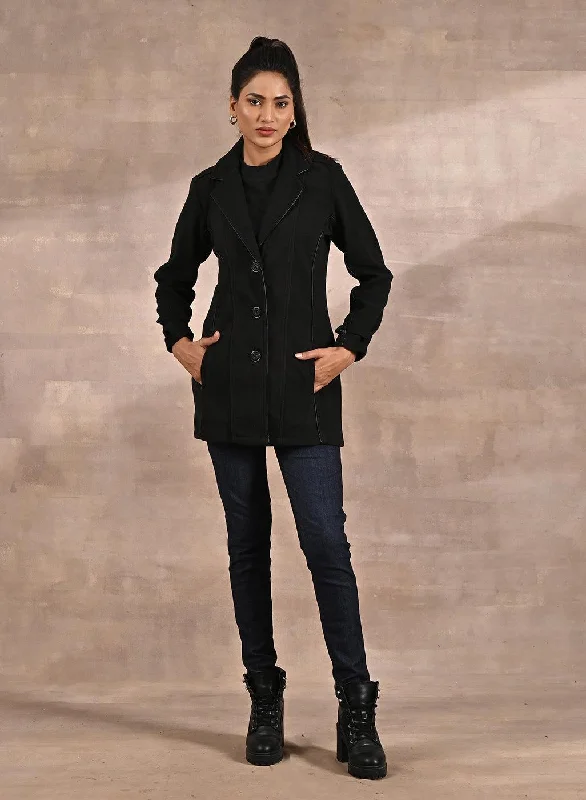 ladies' cropped trench coats -Black Brushed Wool Long Sleeve Coat with Leather Piping