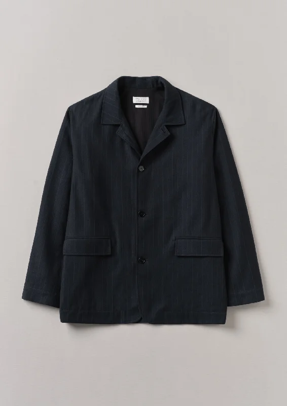 women's plaid coats -Stripe Wool Cotton Jacket | Dark Indigo