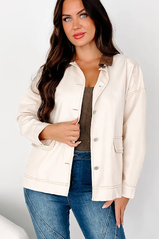 women's color-block jackets -Randy Lightweight Contrast Collar Jacket (Beige/Brown)