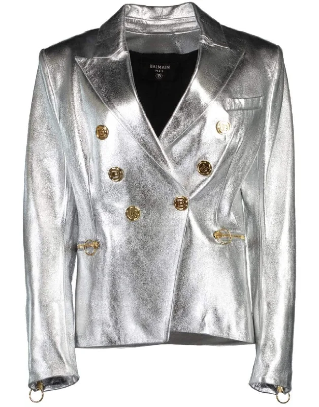 stylish blazers for women -Six Button Zippered Leather Jacket