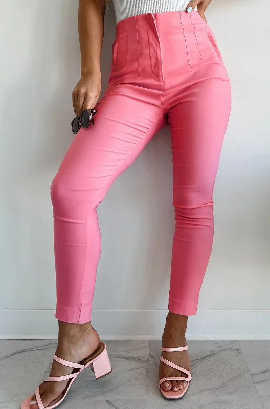 trendy leather pants for women -Read The Fine Print High Waist Skinny Pants (Pink)