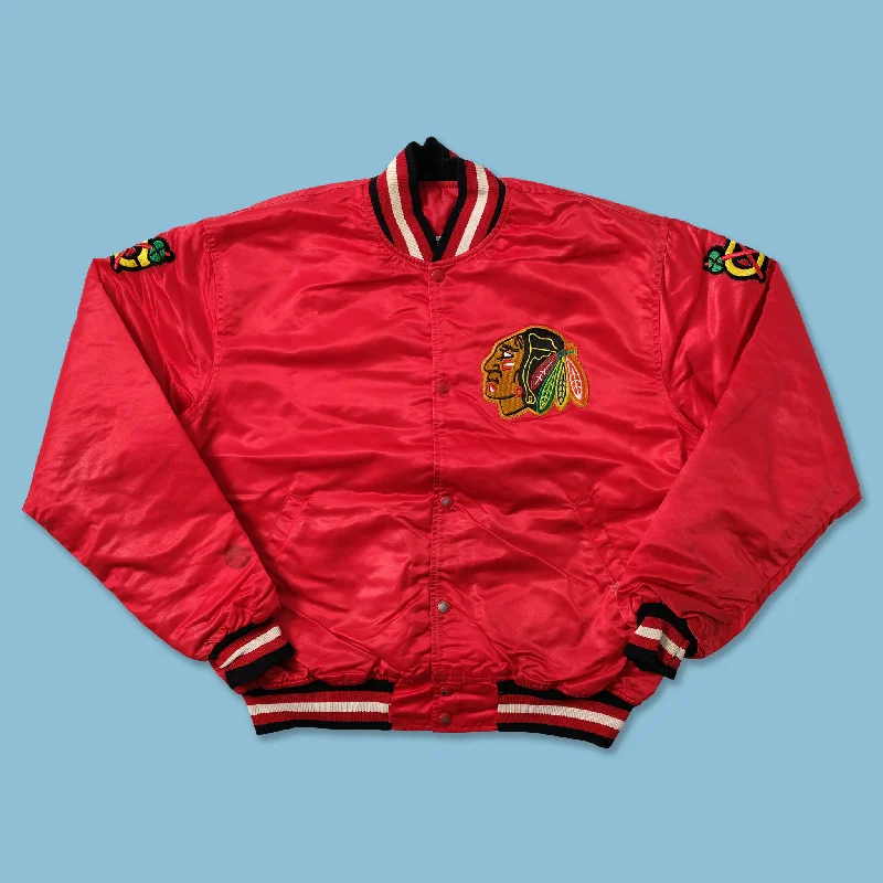 ladies' belted wool coats -Vintage Starter Chicago Blackhawks Satin Bomber Jacket XLarge