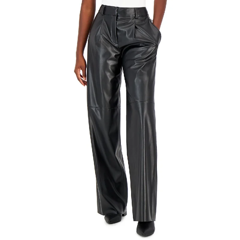 women's cropped pants -Hugo Womens High-Rise Faux Leather Trouser Pants