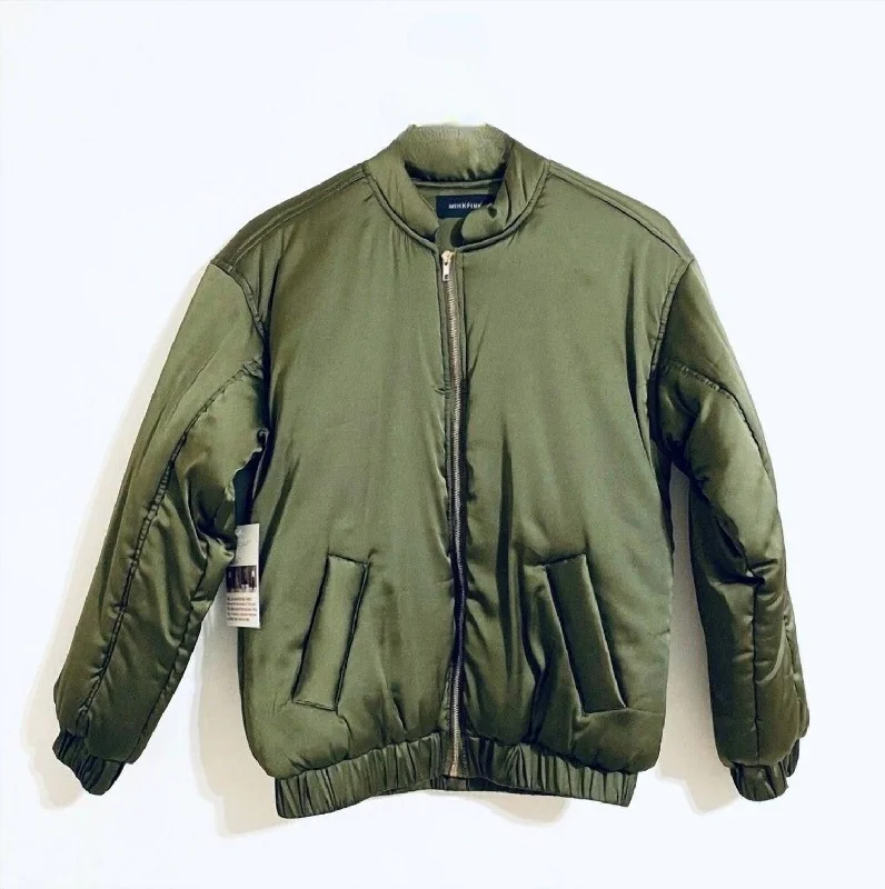 women's distressed denim jackets -Women's Simple Bomber Puffer Jacket In Green