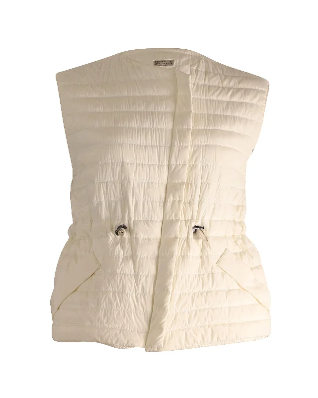 ladies' quilted jackets -Brunello Cucinelli Puffer Vest in Ecru Silk