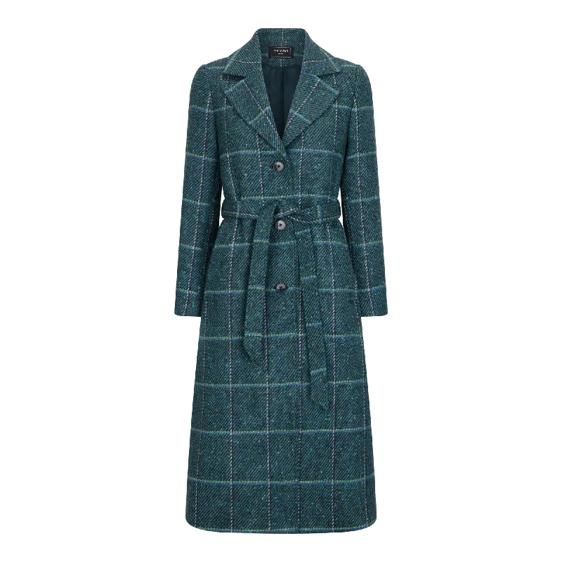 women's oversized coats -Teal Windowpane Erin Belted Coat