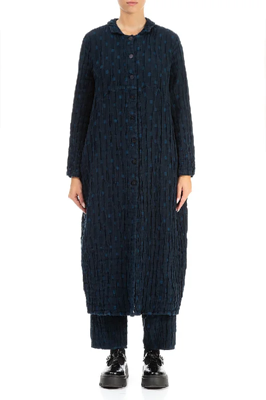 ladies' shearling jackets -Balloon Navy Textured Linen Jacket Dress