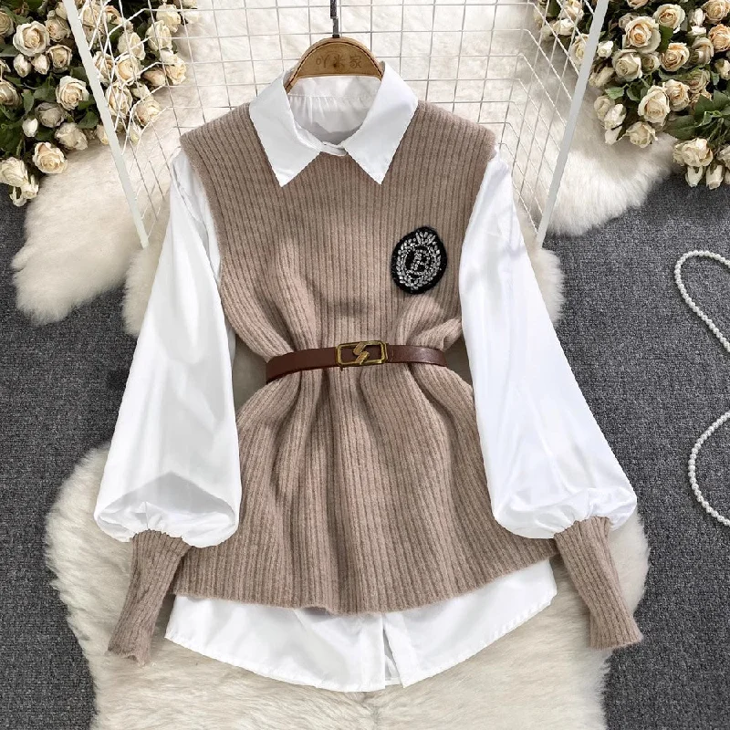 women's poncho coats -lantern long-sleeved mid-length shirt knitted vest two-piece suit for women      S3999