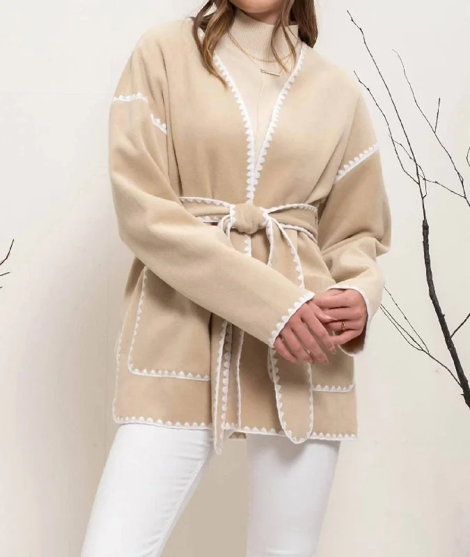 stylish formal blazers for women -Scallop Whipstitch Belted Cardigan In Beige