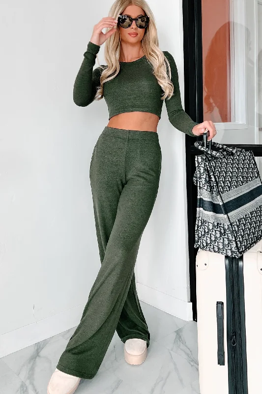 women's cropped leggings -Asa Heathered Knit Crop Top & Pants Set (Olive)