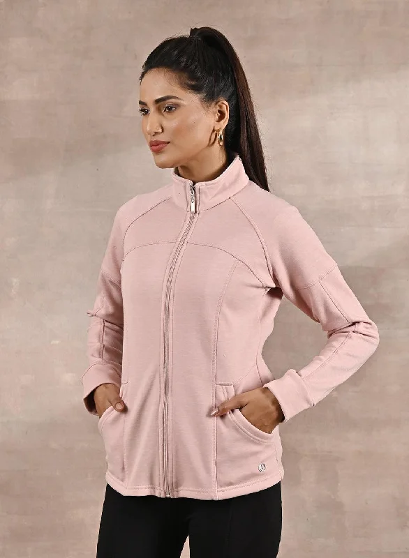 ladies' long trench coats -Pink High-Neck Zip-Up Casual Fleece Jacket