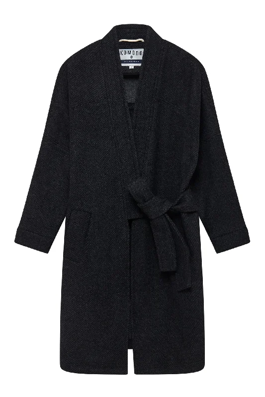 ladies' knitted ponchos -KAIA - Wool Blend Twill Coat Charcoal