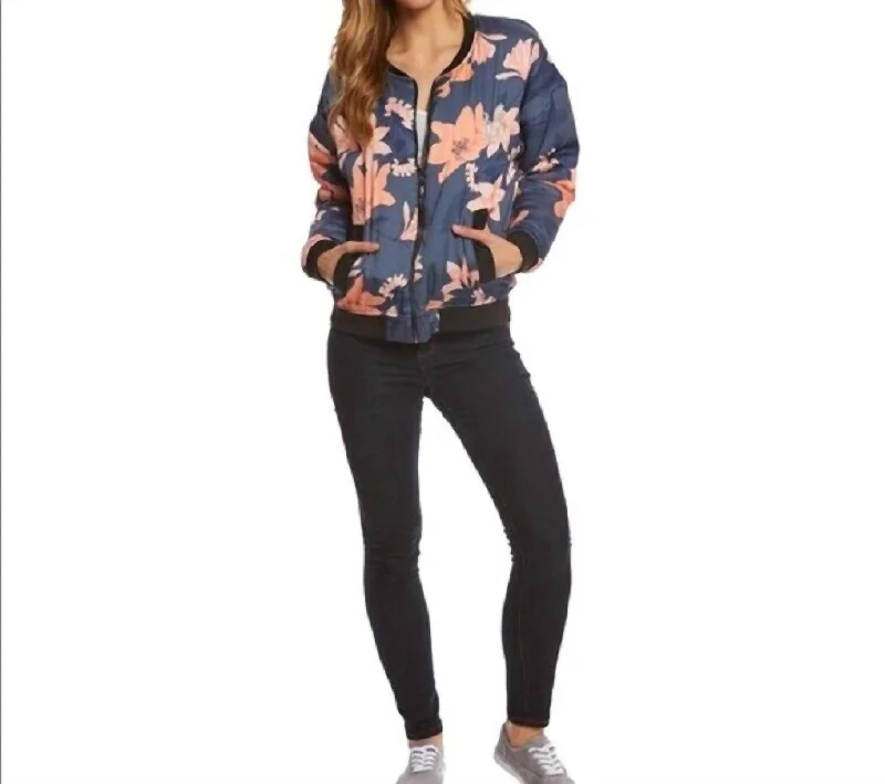 women's metallic jackets -Floral Print Bomber Zip Up Puff Jacket In Blue, Pink