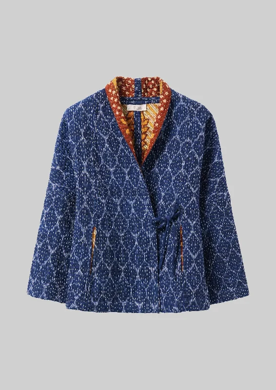 women's high-neck coats -Repurposed Ikat Kantha Jacket | Blues