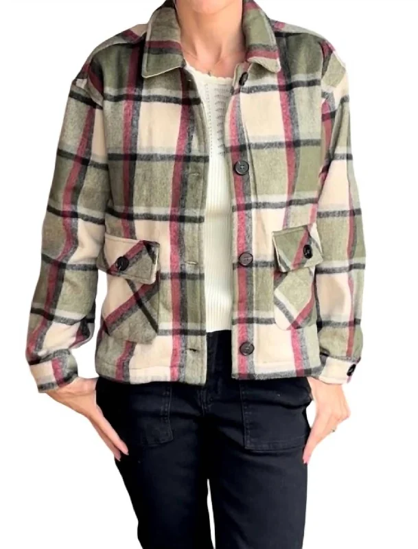 trendy fur-trimmed coats for women -Plaid Print Shacket In Olive