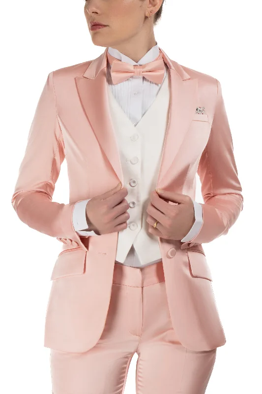 women's velvet skirts -Blush Pink Satin Peak Lapel Tuxedo Jacket