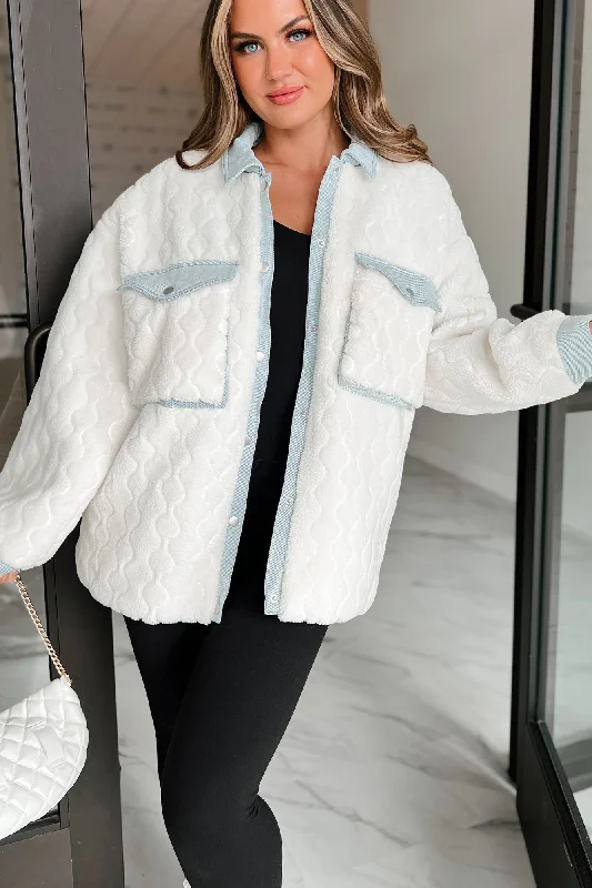 women's wool coats -Best Of Both Worlds Fleece Jacket With Denim Contrast (Ivory/Denim)