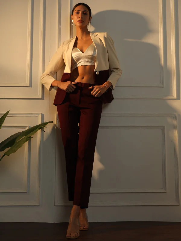 casual high-rise shorts for women -Colour Block Notched Collar Pant Suit - Off White and Maroon