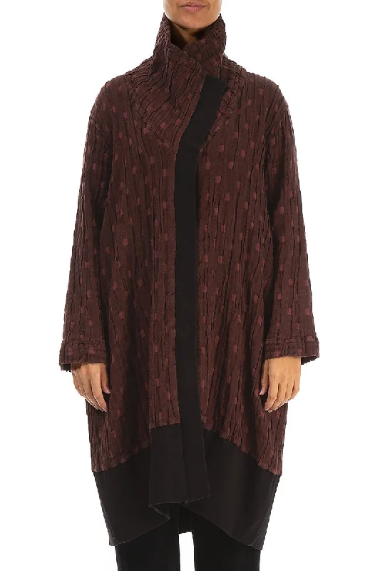 ladies' structured blazers -High Collar Merlot Textured Linen Jacket