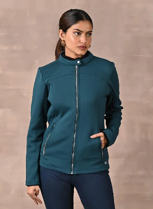 women's high-neck coats -Teal Quilted Jacket with Zipper Detail