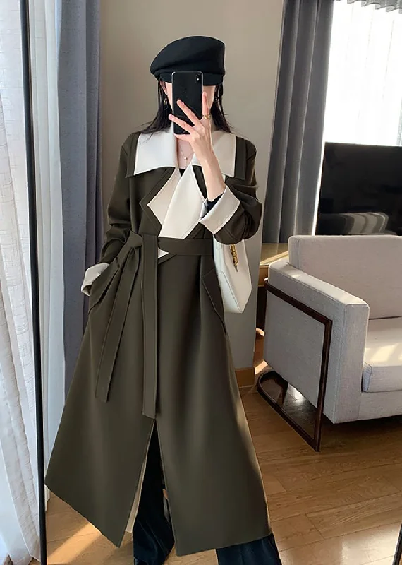 trendy waterfall blazers for women -Olive Belted Long Wrap Coat