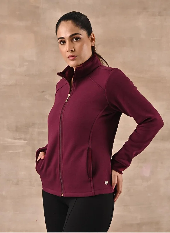 women's boho-style jackets -Maroon Zip-front High-neck Regular Jacket with Pockets