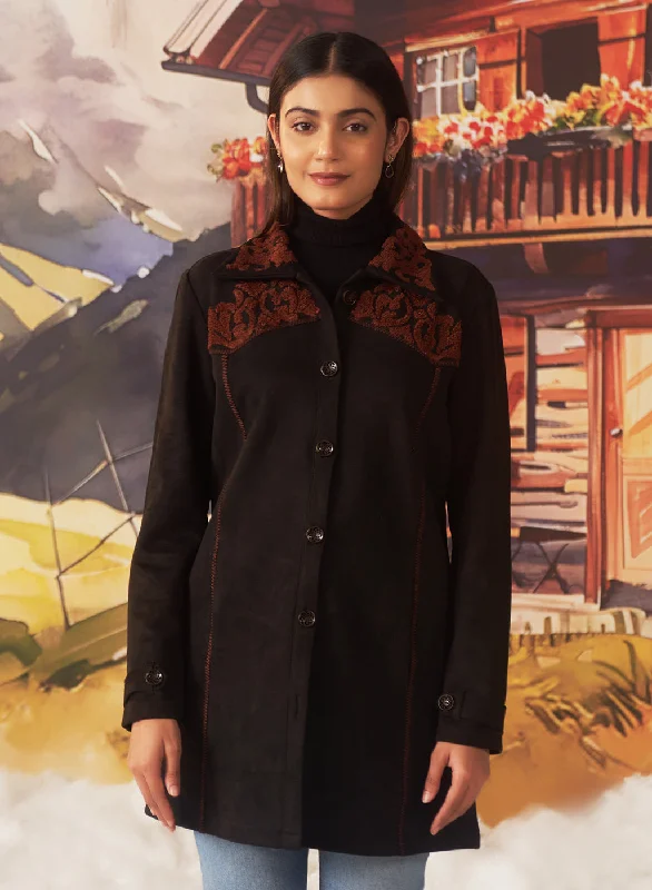 ladies' puff sleeve jackets -Raya Brown Embroidered Suede Shacket for Women