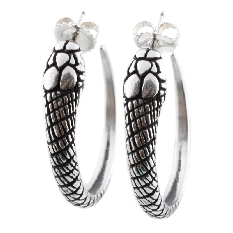 ladies' peacock earrings -Silver Snake Hoop Earrings