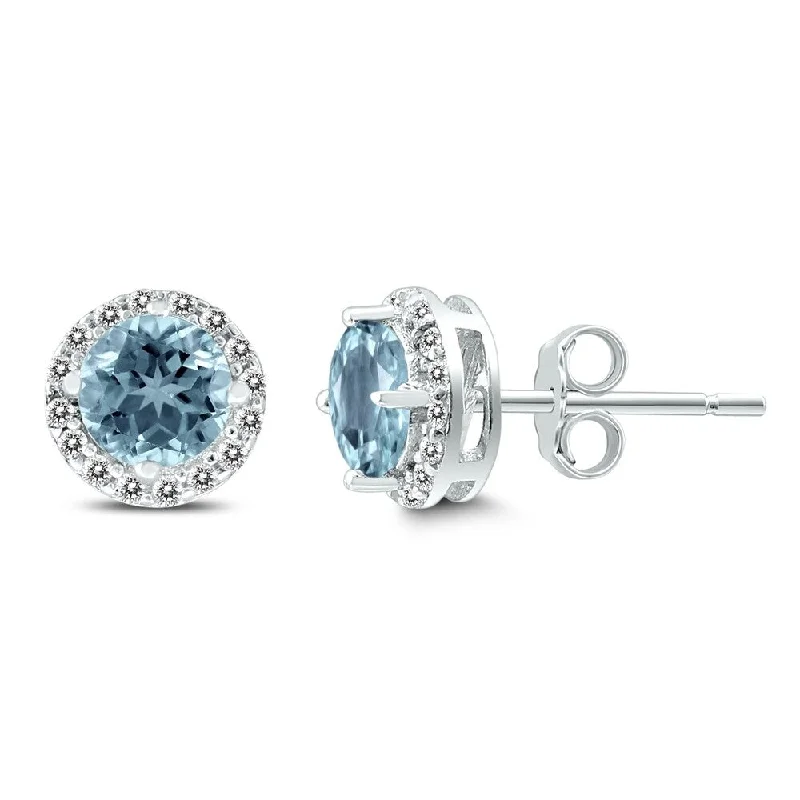 women's spiral earrings -Marquee Aquamarine and White Topaz Halo Stud Earrings in .925 Sterling Silver