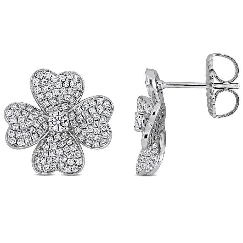 women's angel earrings -Miadora 14k White Gold 1 1/8ct TDW Diamond Floral Clustered Heart Stud Earrings