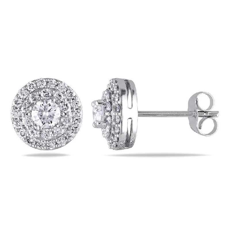 women's clip-on earrings -Miadora Signature Collection 14k White Gold 1ct TDW Diamond Double Halo Stud Earrings