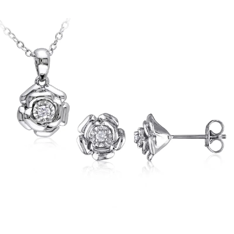 stylish chandelier earrings for women -Miadora Sterling Silver 1/10ct TDW Diamond Flower Stud Earring and Necklace Set - White