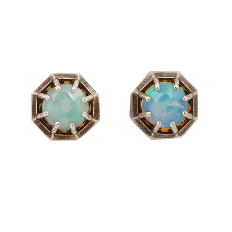 stylish huggie earrings for women -Opal Octagon Silver Studs