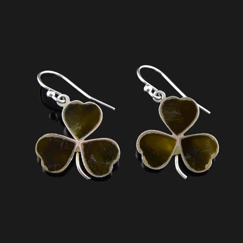 women's gothic earrings -Antique Connemara Marble Silver Three Leaf Shamrock Earrings