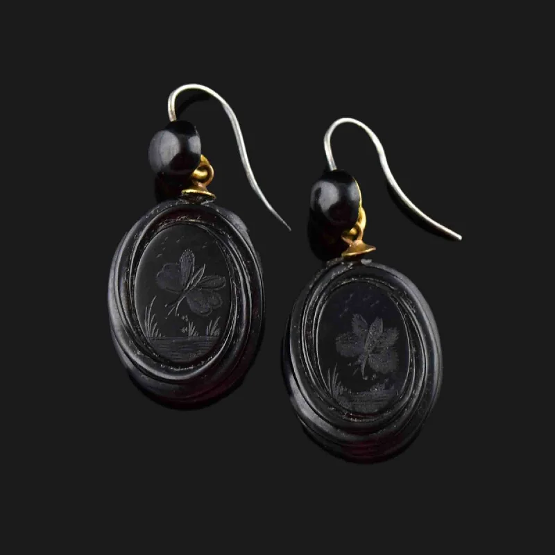 women's magnetic earrings -Antique Victorian Carved Whitby Jet Butterfly Earrings