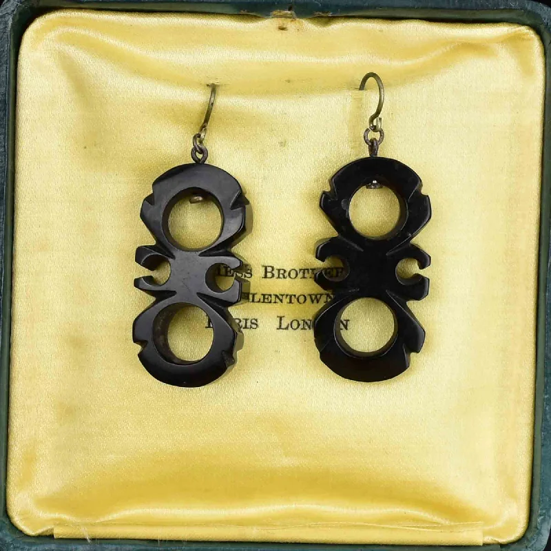 ladies' ear cuffs -Antique Victorian Carved Whitby Jet Geometric Drop Earrings